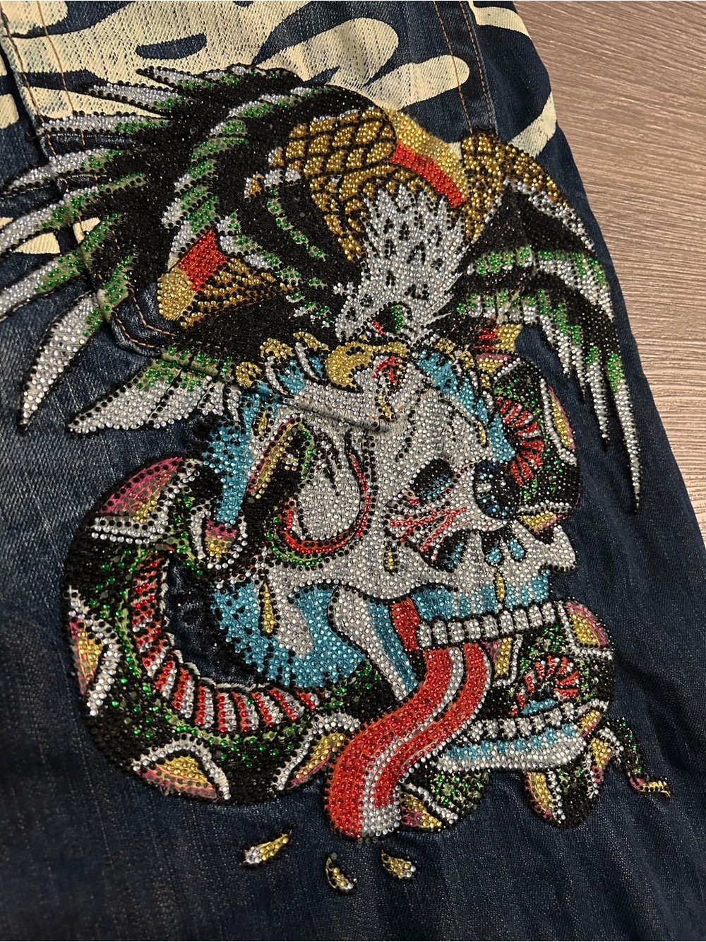 Ed Hardy VTG Jeans Multicolor Rhinestone Skull & Snake Y2K Factory distressed.